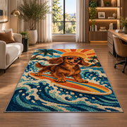 Surfing Dachshund Rug in a living room with a desk and large windows