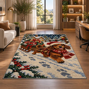 Santa Dachshund Rug in a living room with a desk and large windows
