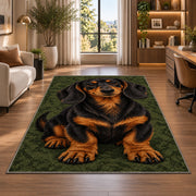 Black and Tan Dachshund Rug in a living room with a desk and large windows