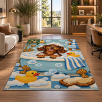 Bath Time Dachshund Rug in a living room with a desk and large windows