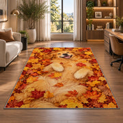 Golden Retriever in Autumn Leaves rug in a living room with a desk and large windows