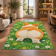 Corgi Butt Welcome rug in a living room with a desk and large windows