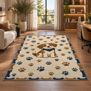 Puppy with Paw Prints and Bones rug in a living room with a desk and large windows