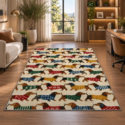 Dachshund Parade in Sweaters rug in a living room with a desk and large windows