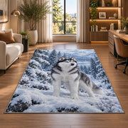 Blue-Eyed Husky in Snowy Forest rug in a living room with a desk and large windows