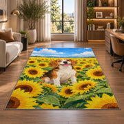 Beagle in Sunflower Field rug in a living room with a desk and large windows