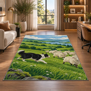 Border Collie Herding Sheep rug in a living room with a desk and large windows