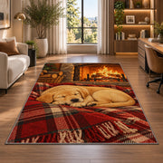 Lab Puppy by the Fireplace rug in a living room with a desk and large windows