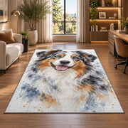 Watercolor Australian Shepherd rug in a living room with a desk and large windows