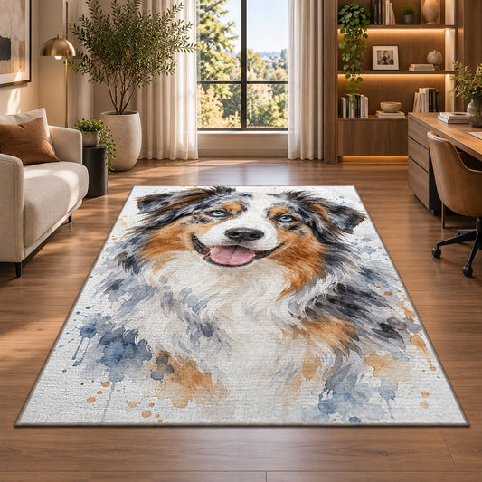 Watercolor Australian Shepherd rug in a living room with a desk and large windows