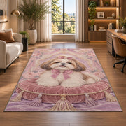 Shih Tzu on Velvet Pillow rug in a living room with a desk and large windows
