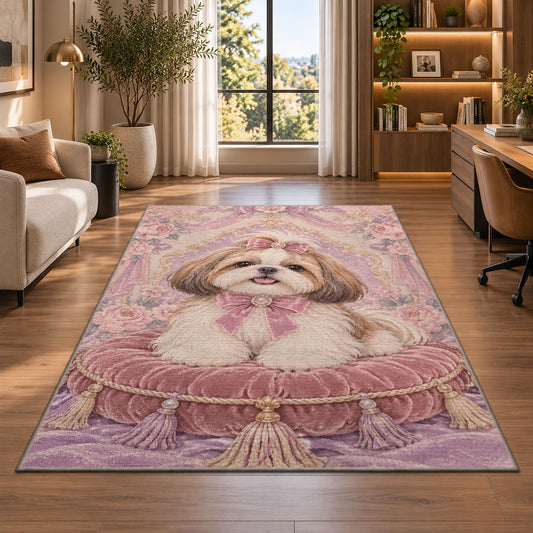 Shih Tzu on Velvet Pillow rug in a living room with a desk and large windows