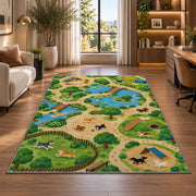 Dog Park Map rug in a living room with a desk and large windows