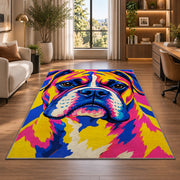 Pop Art Boxer Dog rug in a living room with a desk and large windows