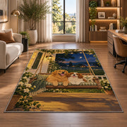 Two Dogs on Porch Swing rug in a living room with a desk and large windows