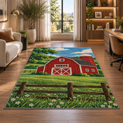 Classic Red Barn rug in a living room with a desk and large windows