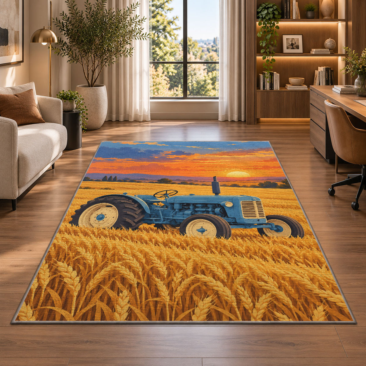 Vintage Tractor in Wheat Field rug in a living room with a desk and large windows