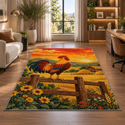 Rooster at Sunrise rug in a living room with a desk and large windows