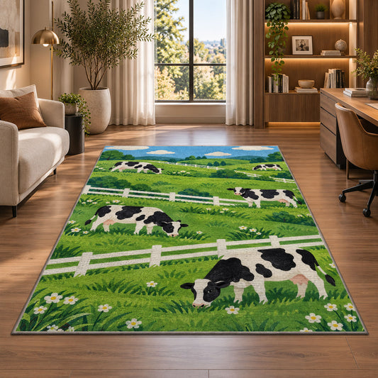 Dairy Cows by White Fence rug in a living room with a desk and large windows