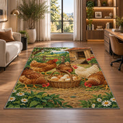 Hens and Fresh Eggs rug in a living room with a desk and large windows