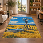 Windmill on the Prairie rug in a living room with a desk and large windows