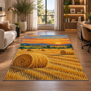 Hay Bales at Golden Hour rug in a living room with a desk and large windows