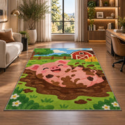 Happy Pig in Mud rug in a living room with a desk and large windows