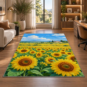 Sunflower Field Farmhouse rug in a living room with a desk and large windows