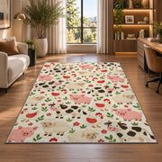 Farm Animals Pattern rug in a living room with a desk and large windows