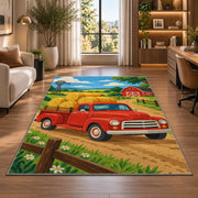 Red Pickup with Hay Bales rug in a living room with a desk and large windows