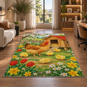 Spring Chicken Coop rug in a living room with a desk and large windows