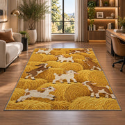 Goats on Hay Bales rug in a living room with a desk and large windows