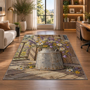 Milk Can with Wildflowers rug in a living room with a desk and large windows