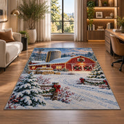 Snowy Farm at Christmas rug in a living room with a desk and large windows