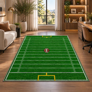 Football Field rug in a living room with a desk and large windows