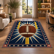Starburst Football rug in a living room with a desk and large windows