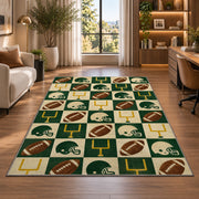 Checkered Football rug in a living room with a desk and large windows
