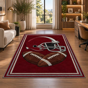 Football Helmet rug in a living room with a desk and large windows