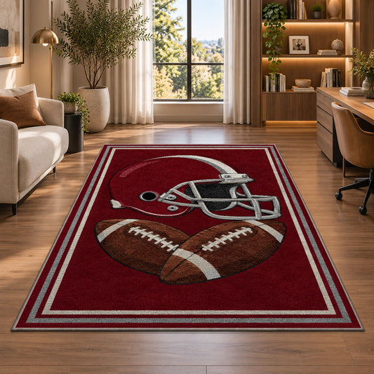 Football Helmet rug in a living room with a desk and large windows