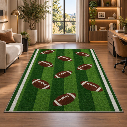 Football Turf Stripe rug in a living room with a desk and large windows