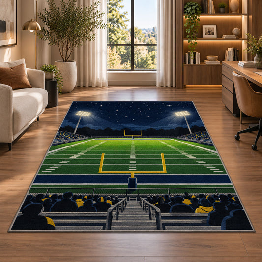 Friday Night Football rug in a living room with a desk and large windows