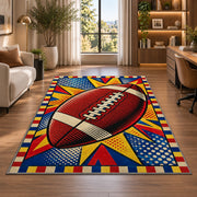 Pop Art Football rug in a living room with a desk and large windows
