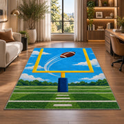 Field Goal Kick rug in a living room with a desk and large windows