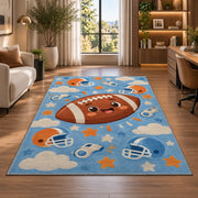Cute Cartoon Football rug in a living room with a desk and large windows