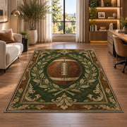 Vintage Leather Football rug in a living room with a desk and large windows