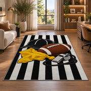 Football Referee rug in a living room with a desk and large windows