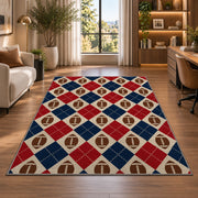 Football Argyle rug in a living room with a desk and large windows