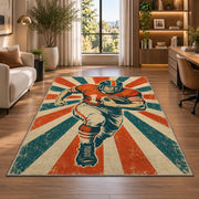 Retro Football Player rug in a living room with a desk and large windows