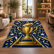 Football Championship Trophy rug in a living room with a desk and large windows