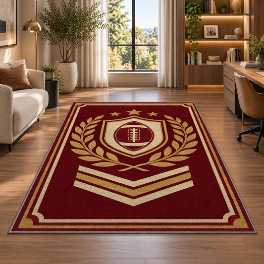 Varsity Football Emblem rug in a living room with a desk and large windows